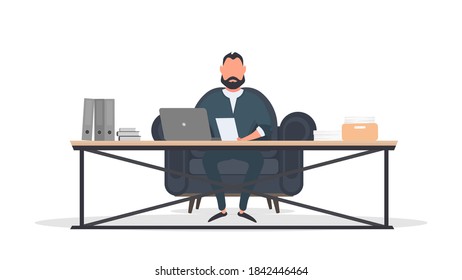 Businessman works at a laptop. Director's workplace. Laptop, documents, books, loft-style table. Isolated. Vector.