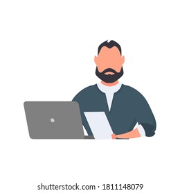 Businessman works at a laptop. A man in a jacket. Isolated. Vector.