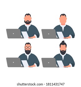 Businessman works at a laptop. A man in a jacket. Isolated. Vector.