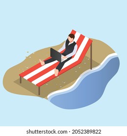 Businessman works on beach 3d isometric vector illustration concept for banner, website, landing page, ads, flyer