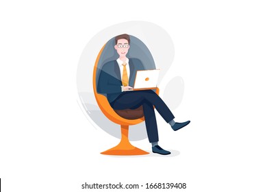 Businessman works on his favorite chair with his laptop concept illustration. 