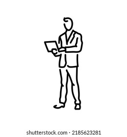 Businessman works on a laptop color line icon. Man entrepreneur. Pictogram for web page, mobile app, promo.