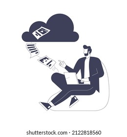 Businessman works on laptop, downloads content and makes backups in cloud storage. Freelancer uses global database service. Online business. Vector graphic illustration isolated with character design