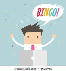 Businessman works on laptop and a win jackpot, financial success. Vector