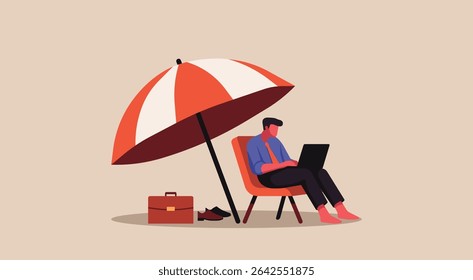 Businessman works remotely under a beach umbrella, showing how stress and deadlines follow into personal time, concept of digital burnout and work life imbalance, vector flat illustration