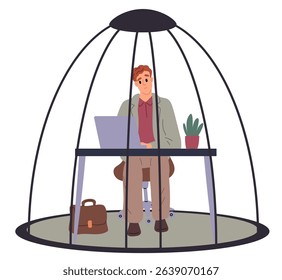 Businessman works tiredly in metal birdcage. Overworked sad man sitting at computer desk in cage. Hopelessness and burnout tired employee. Trapped worker. Office prison