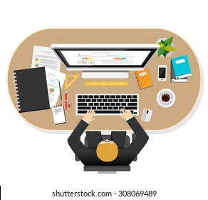 Businessman workspace illustration.  Flat design illustration concepts for workspace, working, monitoring, business, career, planning, workplace, development, brainstorming,worker, management. 