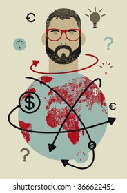 Businessman and world. Concept retro grunge poster with a hipster man. Vector illustration.