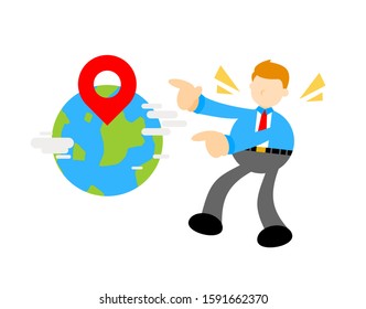 businessman and world globe position marker cartoon doodle flat design style vector illustration