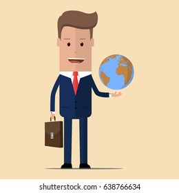 Businessman with world in his hands . Business concept . Vector illustration