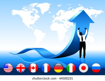 Businessman with world map and flag buttons Original Vector Illustration
