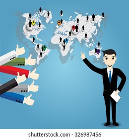 Businessman with world map and Thumb up