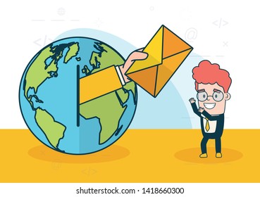 businessman world network send email vector illustration