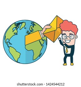 businessman world network send email vector illustration
