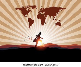 Businessman with worldmap on mountain background.