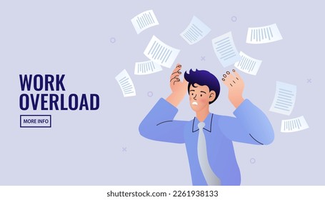 Businessman worried about paperwork. Busy and head holding businessman. Deadline, workload problem. Anxious young man drowning in paper bills and bank notification. Flat vector illustration.