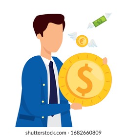 businessman worried with coins and bills vector illustration design