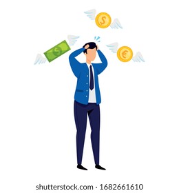 businessman worried with coins and bills vector illustration design