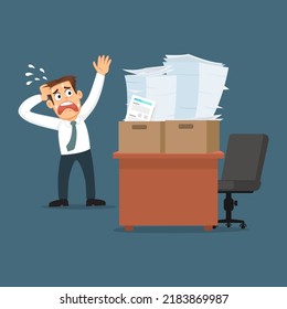 Businessman worry about a pile of documents of work on the table, illustrator vector cartoon drawing