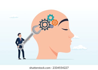 Empresario con llave para ajustar engranajes en la cabeza humana metáfora de mentalidad, cambio de mentalidad o actitud, psicología o entrenamiento cerebral para aprender nuevas habilidades al éxito, mentor o entrenamiento (Vector)