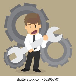 Businessman with wrench and cogs. maintenance. vector