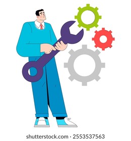 Businessman with wrench concept. Strategic solutions and problem-solving in professional settings. Corporate efficiency and maintenance metaphor. Vector illustration.