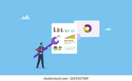 Hombre de negocios con una llave de trabajo de solución de problemas de un gráfico en el informe de análisis. Informe de análisis de resultados de investigación, panel de diagrama, estadísticas de gráficos financieros, analizar datos, SEO u optimización.
