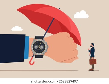 Empresário com relógio de pulso. Relógio de pulso sob guarda-chuva. Serviço de suporte 24 horas por dia, 7 dias por semana, horário de trabalho. Ilustração de vetor plano