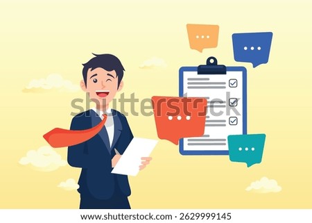 Businessman write client requirements from discussion, requirements gathering, client demand or customer opinion, summary or meeting conclusion, stakeholders use case, lecture or meeting note concept