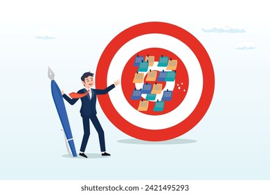 Businessman write down goal on notes and put on big dartboard target, goal setting, achievable target or purposeful objective, mission to accomplish or challenge to win for business success (Vector)