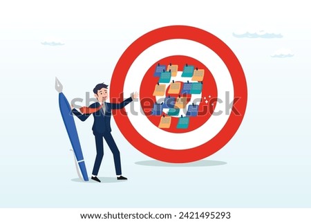 Businessman write down goal on notes and put on big dartboard target, goal setting, achievable target or purposeful objective, mission to accomplish or challenge to win for business success (Vector)