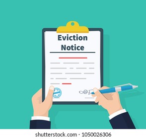 Businessman write legal documents. Clipboard in hands. Eviction Notice Form. Concept of human resources management. Vector illustration flat design. Isolated on green background