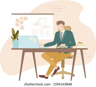 Businessman write the notes. Office worker use laptop. Organization time management