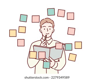 businessman write on sticky note develop startup project in office glass board or wall. Hand drawn style vector design illustrations.