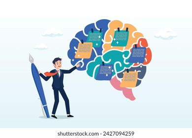 Businessman write sticky notes on human brain, idea memo, brainstorm or scrum sticky notes, productive plan, memory or task reminder, mind map for work arrangement, thought and wisdom (Vector)
