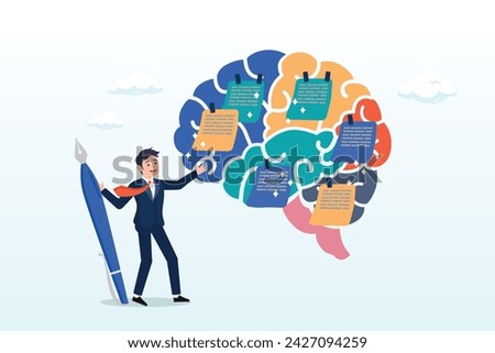 Businessman write sticky notes on human brain, idea memo, brainstorm or scrum sticky notes, productive plan, memory or task reminder, mind map for work arrangement, thought and wisdom (Vector)