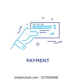 Businessman writes a check. Workflow, growth, graphics. Business development, milestones, start-up. linear illustration Icons infographics. Landing page site print poster. Eps vector. Line story