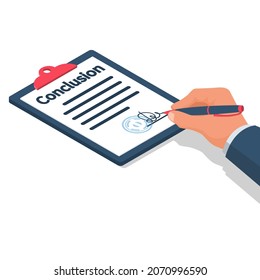 Businessman writes conclusion, report concept. Paperwork, sheets in folder. Holding clipboard and pen in hand. Finally, outcome, result. Vector illustration isometric 3d design.Isolated on background.