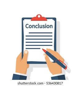 Businessman writes conclusion, report concept. Paperwork, sheets in folder. Holding the clipboard and pen in hand. Finally, outcome, result. Vector illustration flat design. Isolated on background.