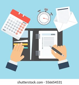 Businessman writes a daily routine. Schedule and planning in management and administration. Flat vector cartoon illustration. Objects isolated on a white background.