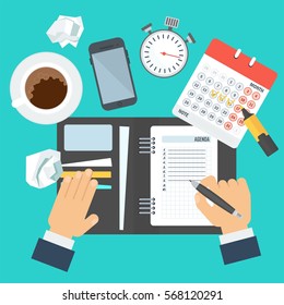 Businessman writes a daily routine. Schedule and planning in management and administration. Flat vector cartoon illustration. Objects isolated on a white background.