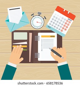 Businessman writes a daily routine. Schedule and planning in management and administration. Flat vector cartoon illustration. Objects isolated on a white background.