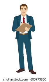 Businessman writes on the clipboard closeup. Full length portrait of businessman in a flat style. Vector illustration.