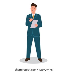 A businessman writes a pen on paper with a report (report, strategic planning, business plan). Vector illustration.
