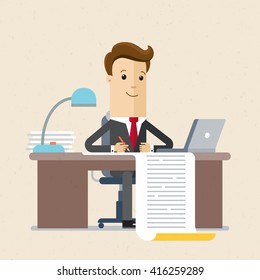 Businessman Writing A Business Plan, Tax Letter, Financial Report. A Man Sits, Table With A Sheet Of Paper. Flat Style Illustration, Vector, EPS10. 