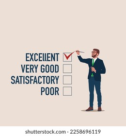 Businessman writing check list on the text solution. Performance evaluation form with red check mark on Excellent. Modern vector illustration in flat style 