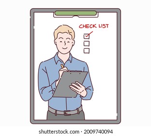 Businessman writing to do list of goals writing in diary. Businessman working on project strategy plan writing target tasks creative ideas. Hand drawn in thin line style, vector illustrations.