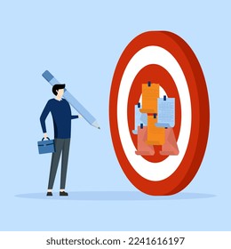 businessman writing goals on notes and setting big dartboard targets, achievable targets or goals to aim for, missions to achieve or challenges to win for business success concept, goal setting.