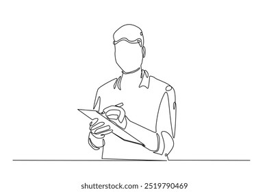 Businessman writing notes continuous one line drawing. Businessman making notes in single line art illustration. Editable vector.  