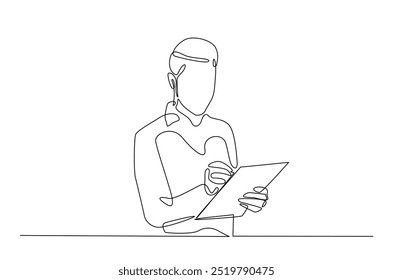 El hombre de negocios que escribe las notas continúa una línea que dibuja. Hombre de negocios haciendo notas en ilustración de arte de una sola línea. Vector editable.  